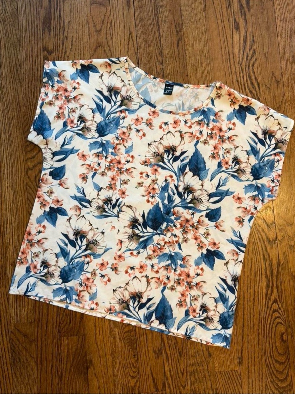 Floral Crewneck Tee Blouse - Blue & Peach
